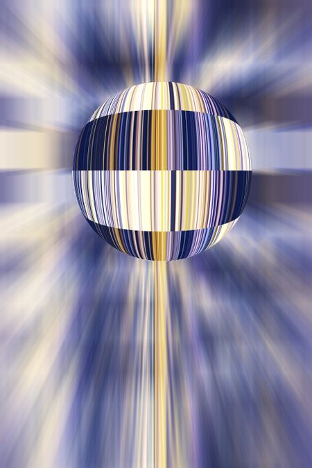Multicolored conceptual illustration of a world covered with barcodes surrounded by radial blur, for themes of retail and business, standardization, and identification on a galactic scale