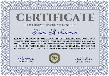 Blue certificate or diploma template with sample text, background and complex border design.