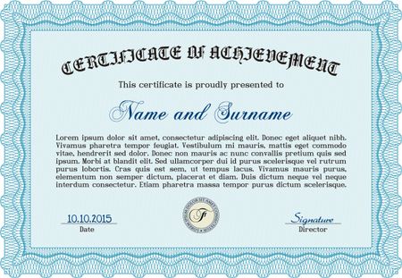 Sky blue horizontal certificate or diploma template with sample text.