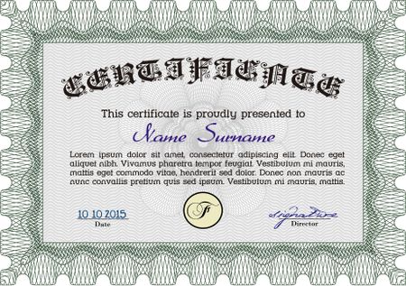 Green Horizontal certificate or diploma template with complex border linear design and background. With sample text. Excellent design. Green color.