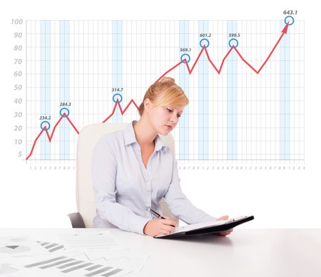 Beautiful young businesswoman calculating stock market with rising graph in the background