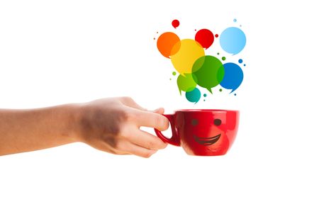 Coffee-mug with colorful abstract speech bubble, isolated on white
