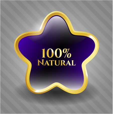 100% Natural gold shiny emblem with grey background