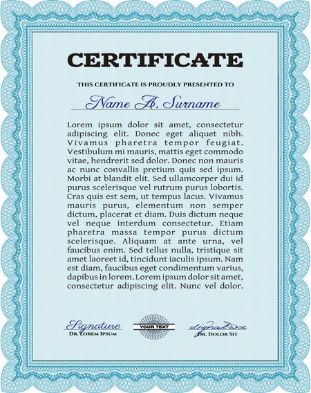 Sky blue vertical Certificate / Diploma of completion / Design template. 