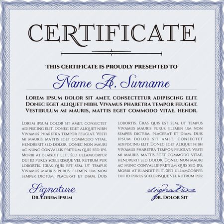 blue Voucher, Gift certificate, Coupon template with border, frame. Background design for invitation, banknote, money design, currency, check. With sample text and complex linar background and border.