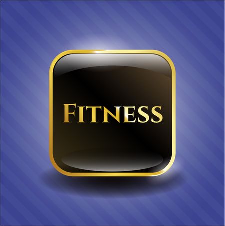 Fitness gold border shiny emblem with blue background