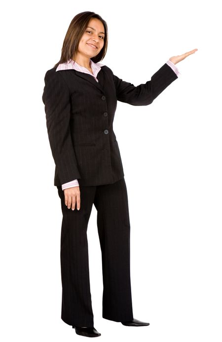 business woman doing a presentation while smiling over a white background