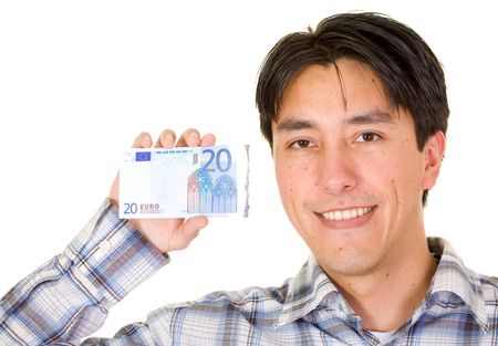 business man holding a euro note over a white background