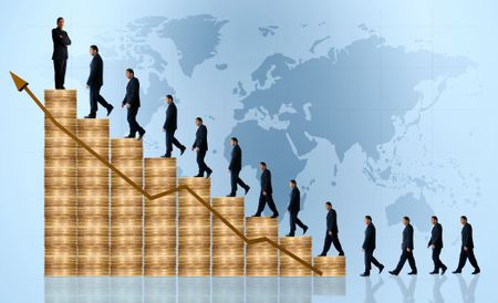 business growth and success graph with a businessman walking up the graph and a worldmap in the background