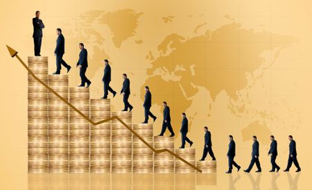 business growth and success graph with a businessman walking up the graph and a worldmap in the background