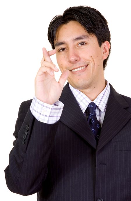 business man with fingers crossed over a white background