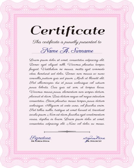 Pink Certificate, Diploma of completion; design template with guilloche pattern, border, frame.