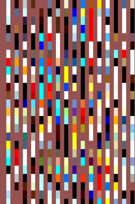 Multicolored mosaic abstract of parallel banded stripes on wine red or salmon background for themes of geometric order and chromatic variety