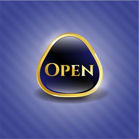 Blue golden emblem with text "Open" Inside