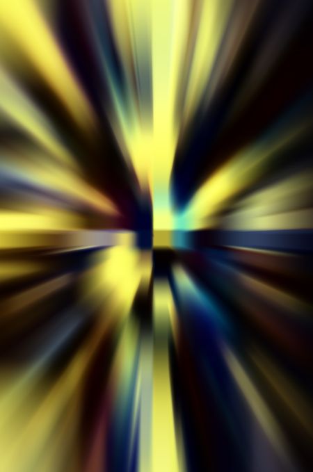 Varicolored radial blur of small squares at center of dramatic solar flare to illustrate otherworldly phenomena, alternate reality, altered states of perception or mind 