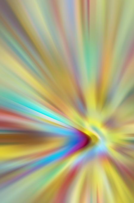 Multicolored radial blur of streaks from a sunlike source impinged by a cometlike multicolored parabola, for illustrative themes of celestial events