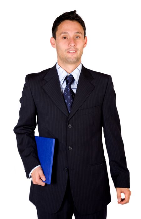 confident business man with a folder over a white background