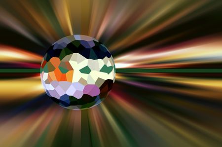 Conceptual abstract of a world with multicolored surface of irregular polygons surrounded by stellar radial blur, for illustration of metaphysical themes of origin, development and destiny