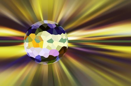 Multicolored crystallized world surrounded by stellar radial blur for decoration and background with themes of outer space, planetary origin, change or global environment