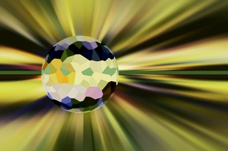 Crystallized planet near the center of a multicolored starburst for futuristic or metaphysical themes of global or interstellar consequence