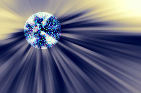 Pointillized icy planet near a starburst with cobalt radial blur to illustrate futuristic or metaphysical themes of spectacular physical or supernatural phenomena