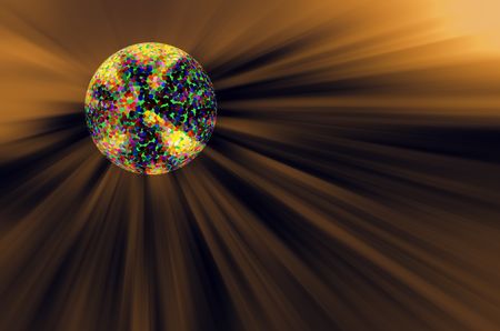World with multicolored pointillist surface near a coppery starburst, for futuristic or metaphysical motifs of massive phenomena in outer space, or climate change during a huge solar event