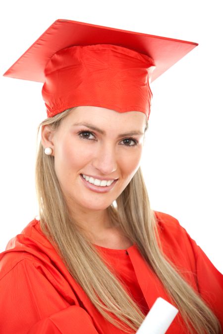 Beautiful female graduate portrait isolated over white