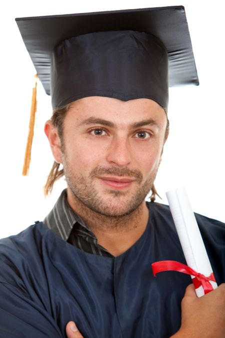 Handsome male graduate portrait isolated over white