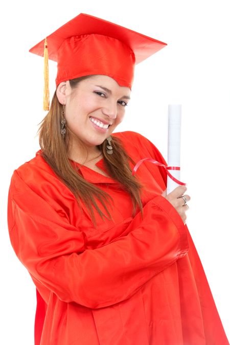 graduation woman portrait smiling and looking happy isolated