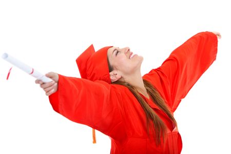 Excited graduate female student isolated over white