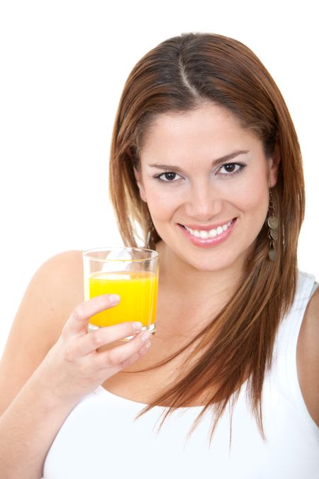 Woman having orange juice isolated over white
