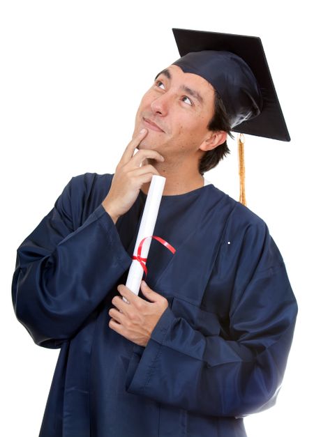 Thoughtful graduation man isolated over white