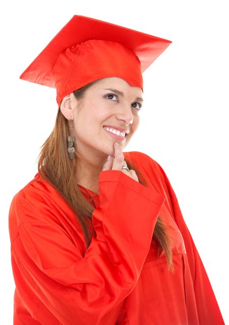 Thoyghtful graduation woman isolated over white