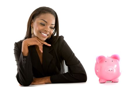 Business woman with piggy bank smiling - isolated