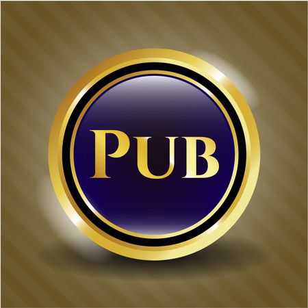 Gold shiny badge with text "Pub" inside