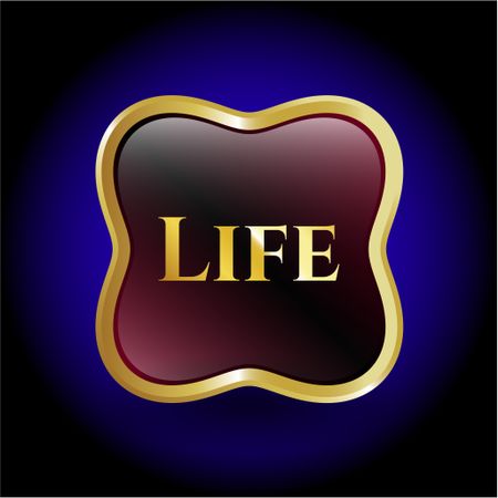 Gold badge with text "life" inside and blue background