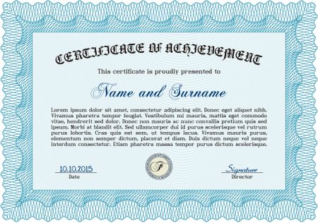 Sky blue Certificate, Diploma of completion with guilloche pattern and background, border, frame. Certificate of Achievement, Certificate of education, awards, winner.