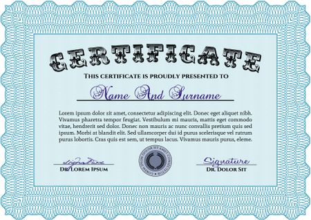 Sky blue Certificate, Diploma of completion; design template with guilloche pattern, border, frame.