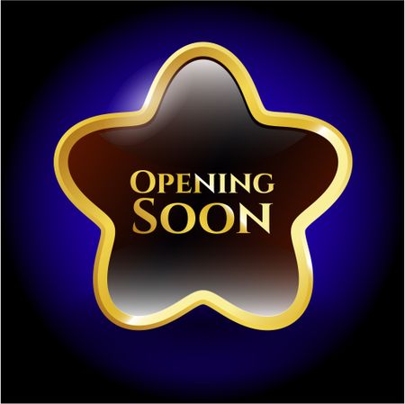 Opening soon gold shiny star with blue background