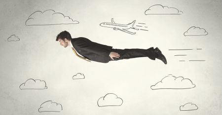 Cheerful business person flying between hand drawn sky clouds concept on background