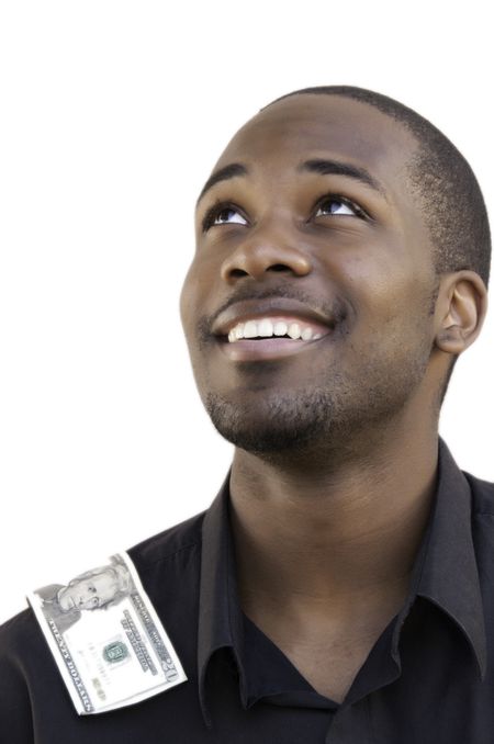 Young black man with money on his shoulder smiles upward