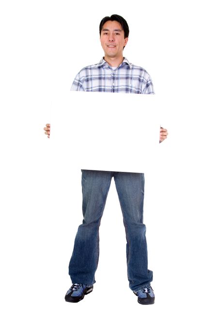friendly man holding a white board over a white background