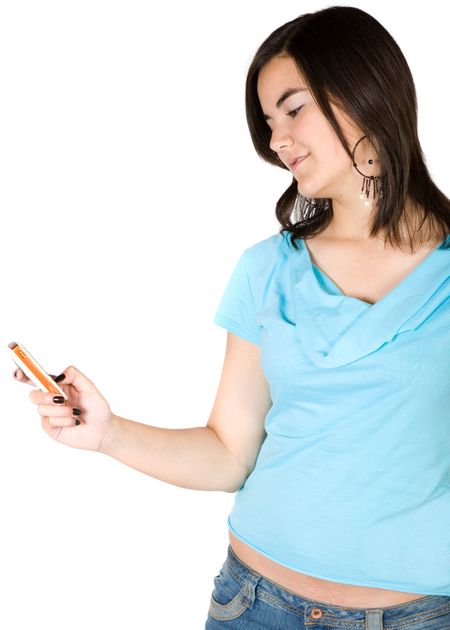 casual girl texting on a mobile phone in cyan clothes over a white background
