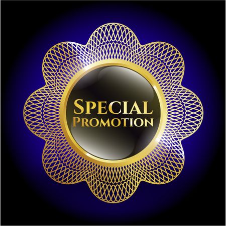 Special promotion gold shiny badge with blue background
