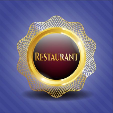 Gold shiny badge with text restaurant inside and blue background. 