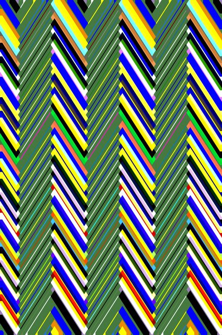 Multicolored kaleidoscopic abstract pattern of zigzags alternating with columns of striped green