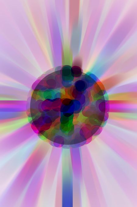 Coalescence of a world in an alternate universe: Multicolored imaginary abstract of planetary formation with radial blur of a starburst in the vicinity