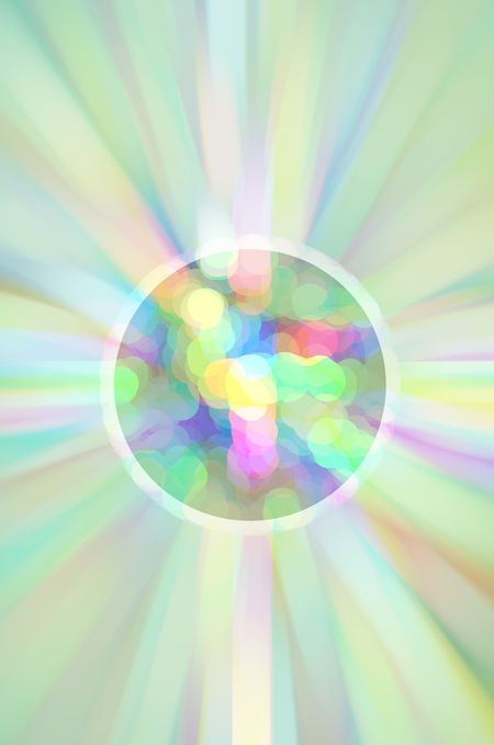 Pastel abstract of an imaginary planet seething with dots of various colors, like multicolored magma, ringed with a whitish atmosphere near a blurred starburst, like a world in formation
