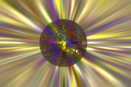 Multicolored abstract of a pointillist planet or star in formation near a bright starburst with radial blur, for themes of origin or creation, cosmology, or alternative universes