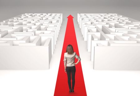 Successful businesswoman in front of a separated labyrinth, concept about simple solution